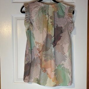 Ces Femme Pastel Abstract Sleeveless Ruffle Blouse